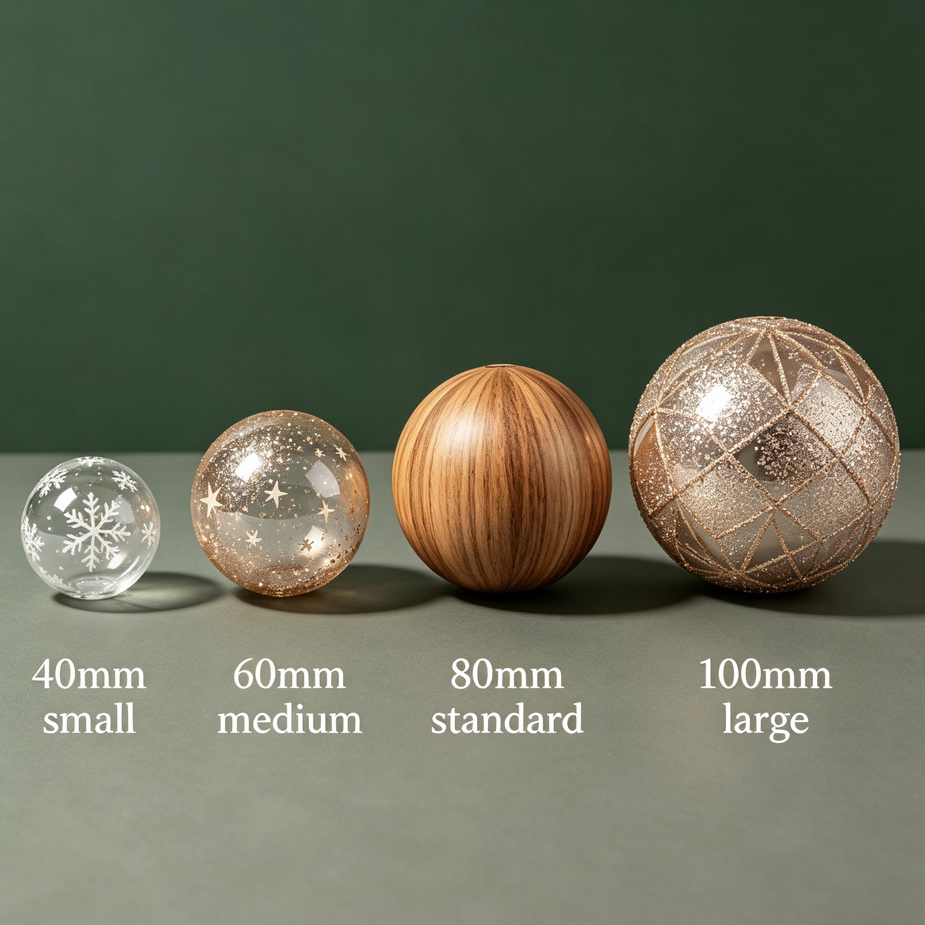 40mm-60mm-80mm-100mm-christmas-balls.jpg Comparison of different Christmas ball ornament sizes